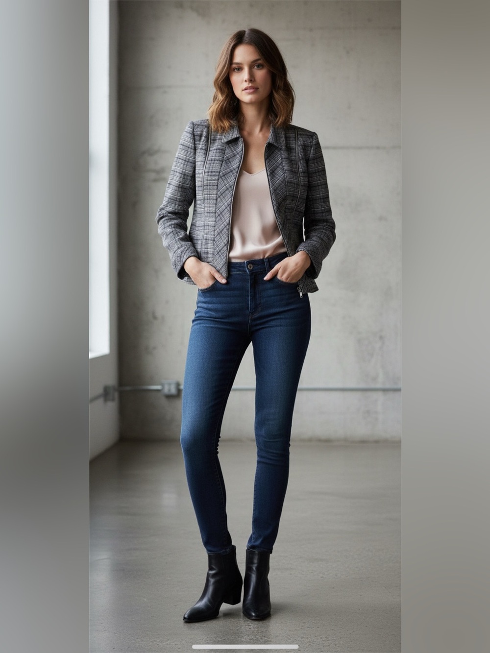 Per Se Gray Plaid Zip-Front Blazer Jacket